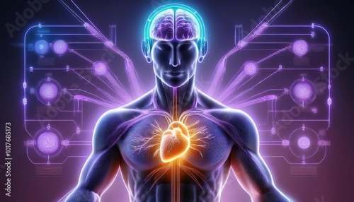 A digital illustration representing the interconnectedness of the mind and body. A glowing brain symbolizes intellect, creativity, and consciousness, while a radiant heart represents emotions, love, a