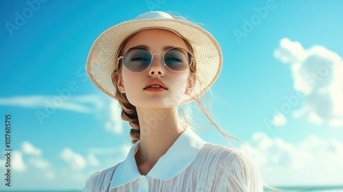 Retro tight shirt fashion at the beach Blends vintage fashion trends with beach settings, commonly used in fashion campaigns and editorial shoots. photo