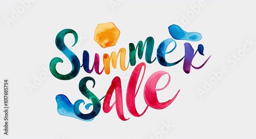 summer sale calligraphy lettering with watercolor shapes design abstract on plain white background