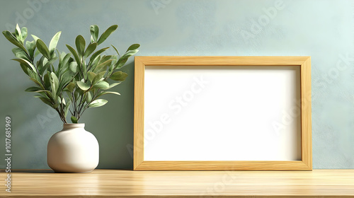 A Blank Picture Frame with a Wooden Frame Sits on a Table in Front of a Light Green Wall with a Green Plant in a White Vase.