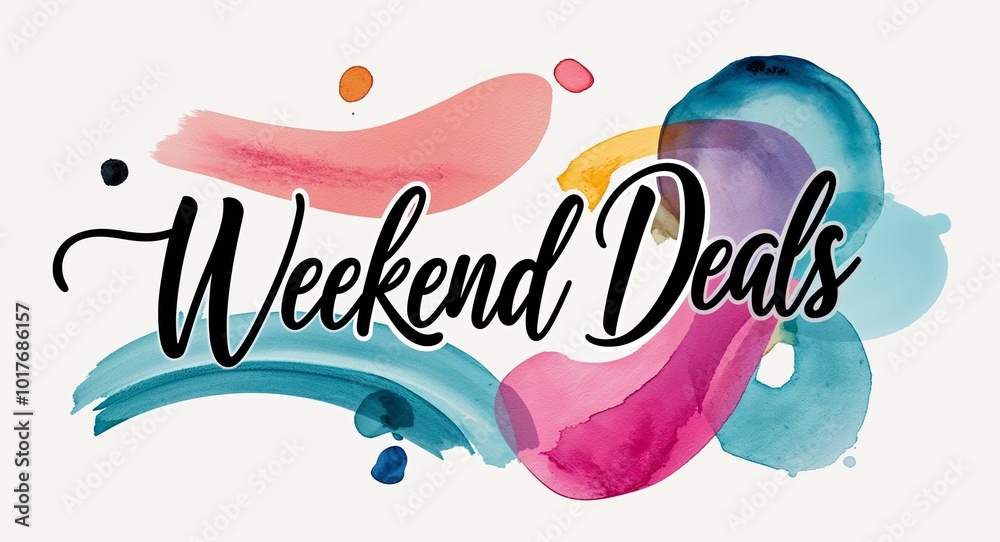 Weekend deals calligraphy lettering with watercolor shapes design abstract on plain white background Weekend deals calligraphy lettering with watercolor shapes design abstract on plain white background