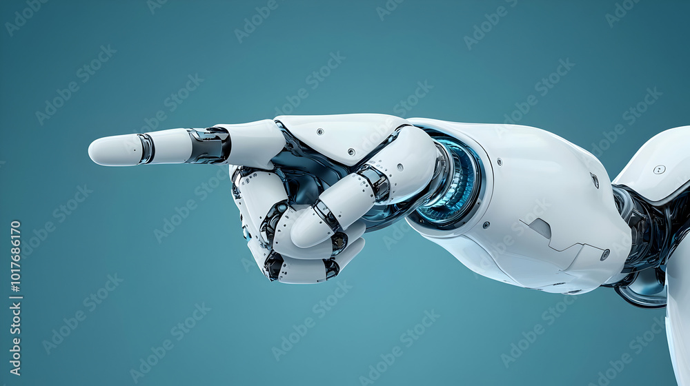 A Detailed 3D Render of a Robotic Hand Pointing to the Right Against a Blue Background A Detailed 3D Render of a Robotic Hand Pointing to the Right Against a Blue Background