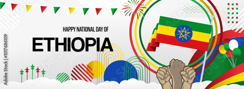 Ethiopia national or independence day celebration banner. Vibrant modern design for holiday celebration, greeting card, billboard, sport event backdrop. May 28. Happy Derg Downfall Day background
