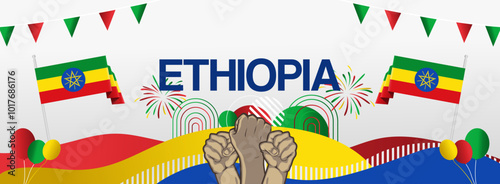 Ethiopia national or independence day celebration banner. Vibrant modern design for holiday celebration, greeting card, billboard, sport event backdrop. May 28. Happy Derg Downfall Day background