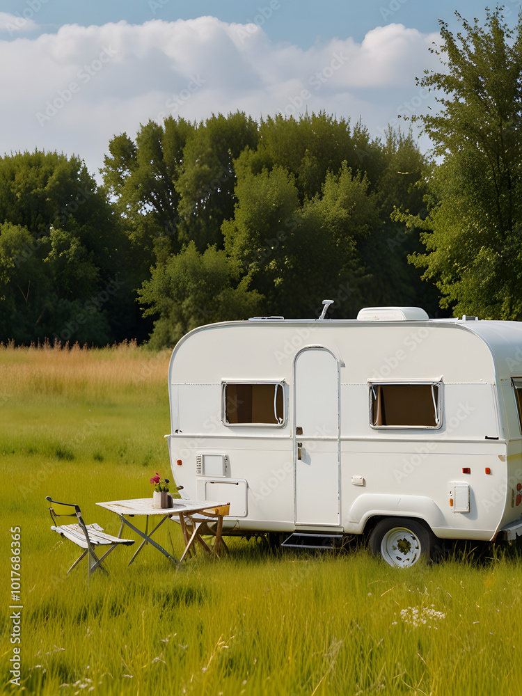 A campervan with a beautiful mountain view, camping car