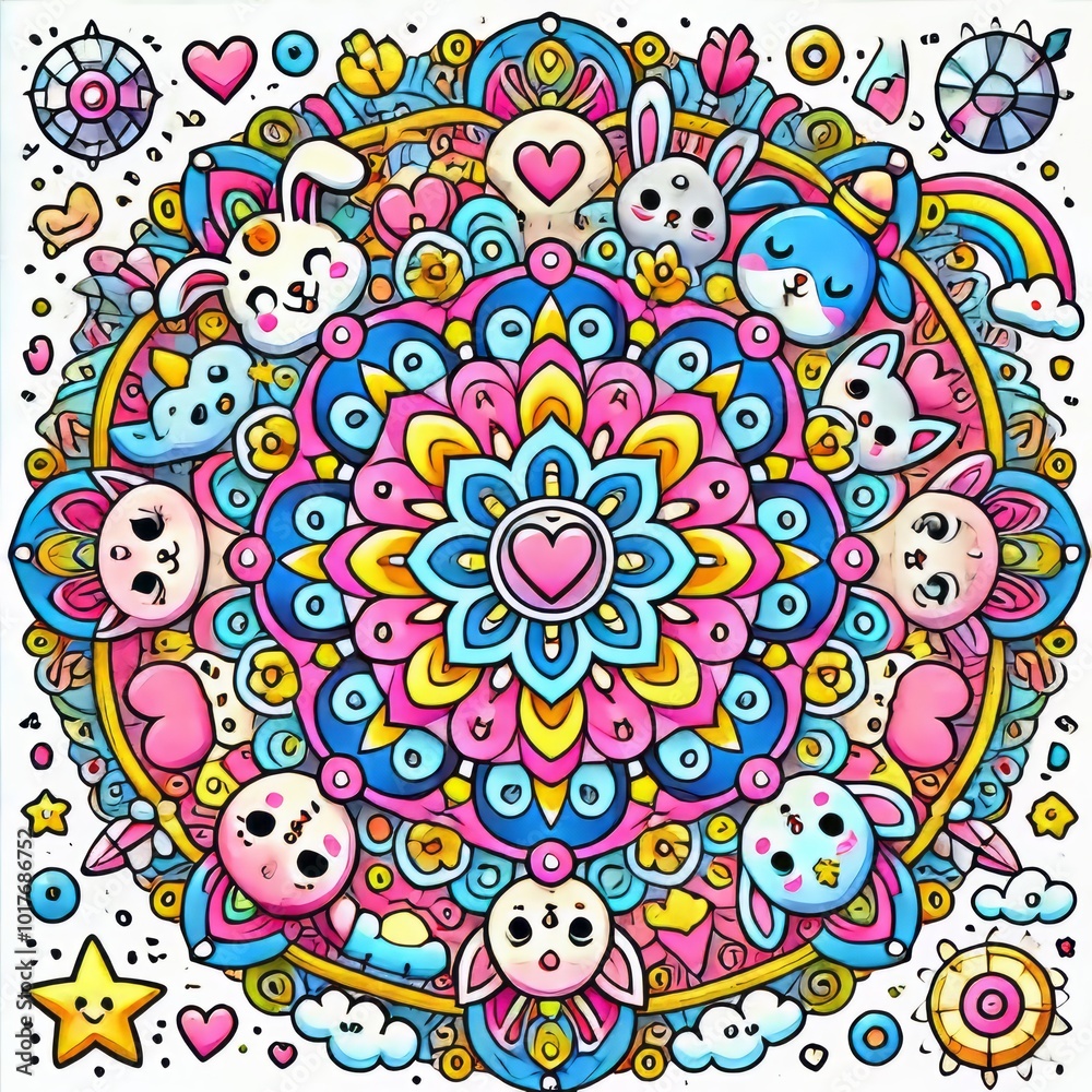 Fototapeta premium Colorful Doodle Mandala with Cute Animals and Hearts