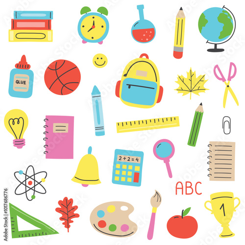 Cartoon school icon set. Cartoon stationery. Vector illustration