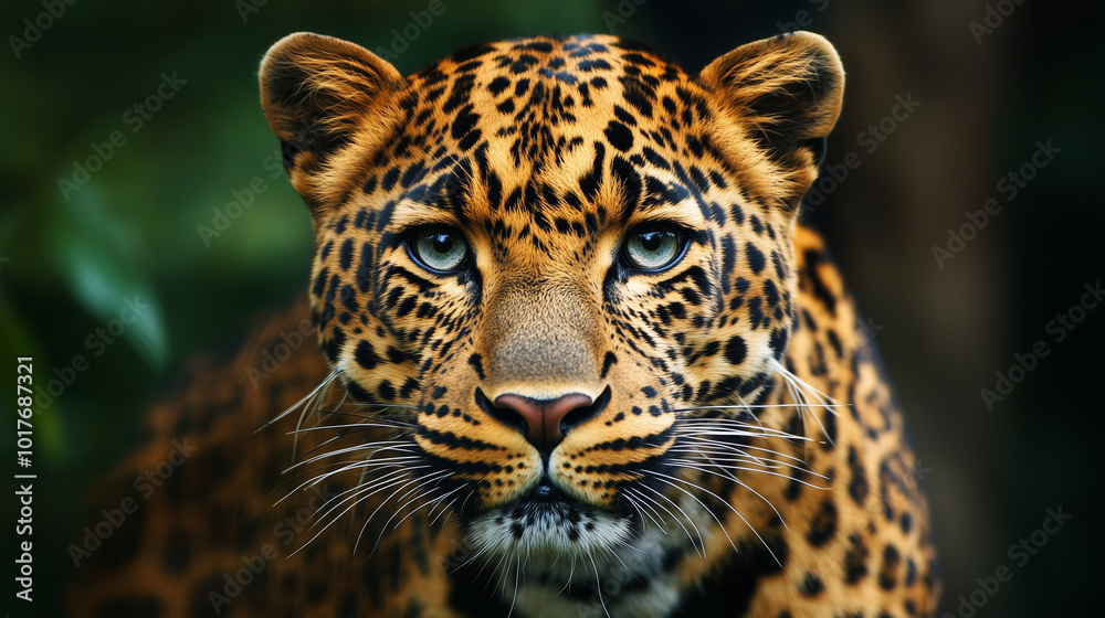 Majestic leopard with striking spots and piercing blue eyes, showcasing its powerful presence in lush green environment. This captivating animal embodies beauty of wildlife. Majestic leopard with striking spots and piercing blue eyes, showcasing its powerful presence in lush green environment. This captivating animal embodies beauty of wildlife.