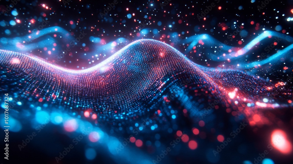 Fototapeta premium Abstract Digital Wave with Glowing Red and Blue Particles