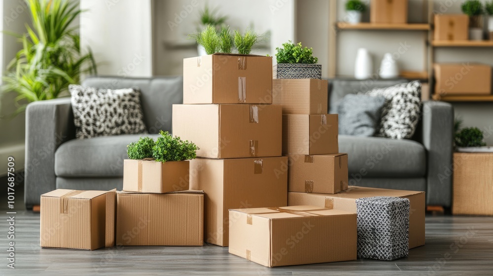 Stack of moving boxes in a room. Perfect for showcasing a new home or apartment.
