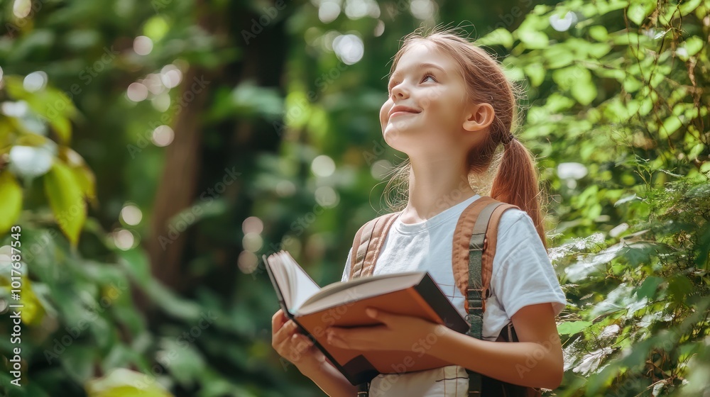 Fototapeta premium School girl in nature-based learning Low competition and ideal for content promoting outdoor, experiential, and nature-based educational practices.