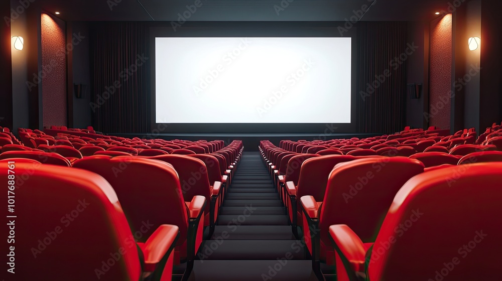 Fototapeta premium Empty cinema theatre seats. This photo is great for movie-related projects and for showing the concept of waiting for a movie to start.