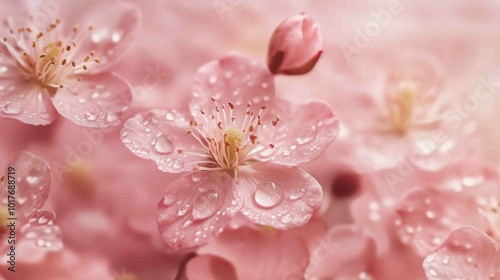 Delicate Pink Flowers with Dewdrops on Soft Pink Background 