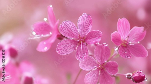 Delicate Pink Flowers with Dewdrops on Soft Pink Background 