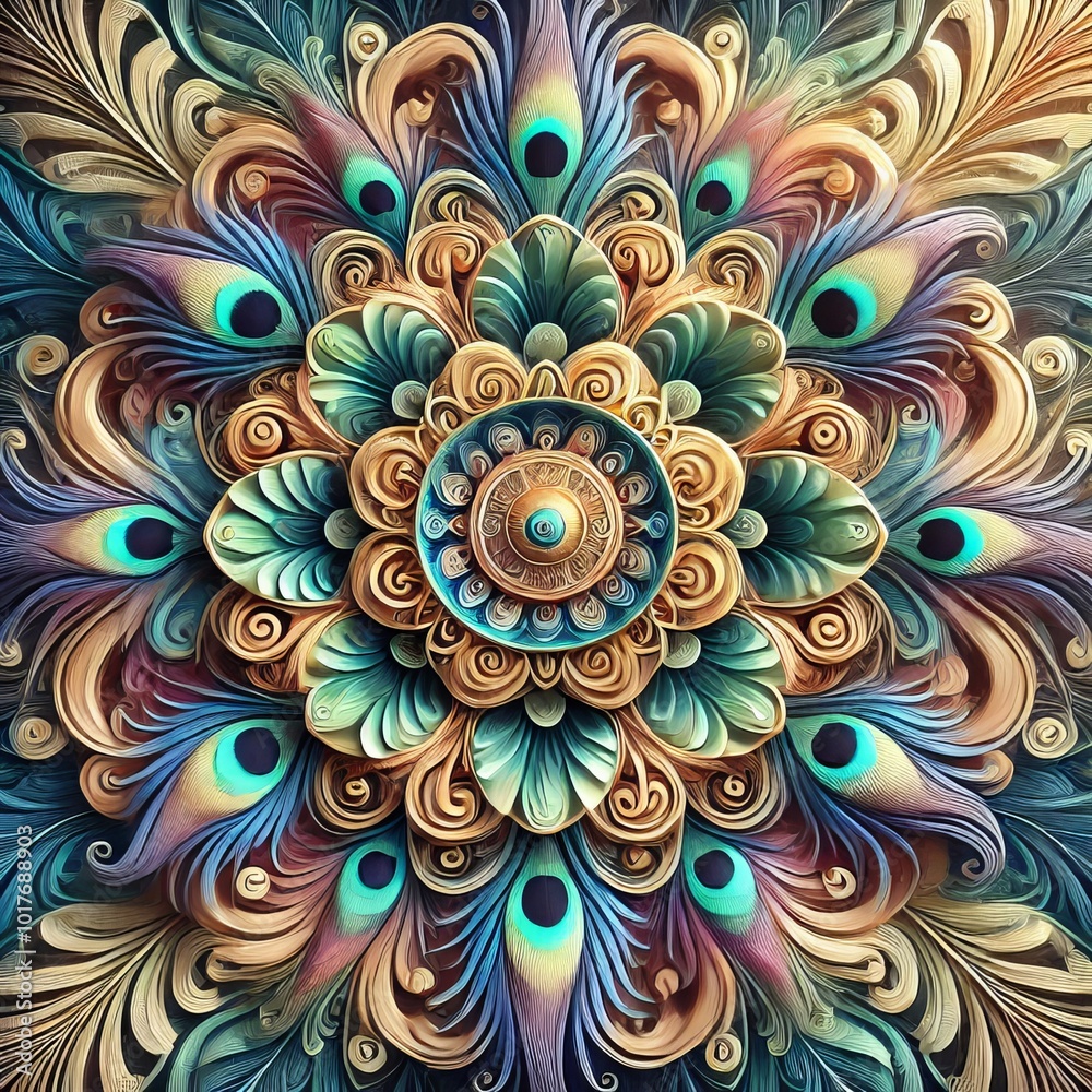 Abstract Peacock Feather Mandala Design with Swirls and Spirals Abstract Peacock Feather Mandala Design with Swirls and Spirals