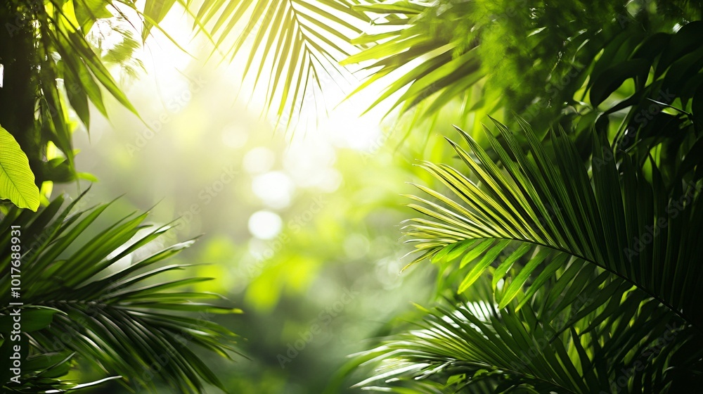 Lush green palm leaves with blurred sunlight background. Lush green palm leaves with blurred sunlight background.