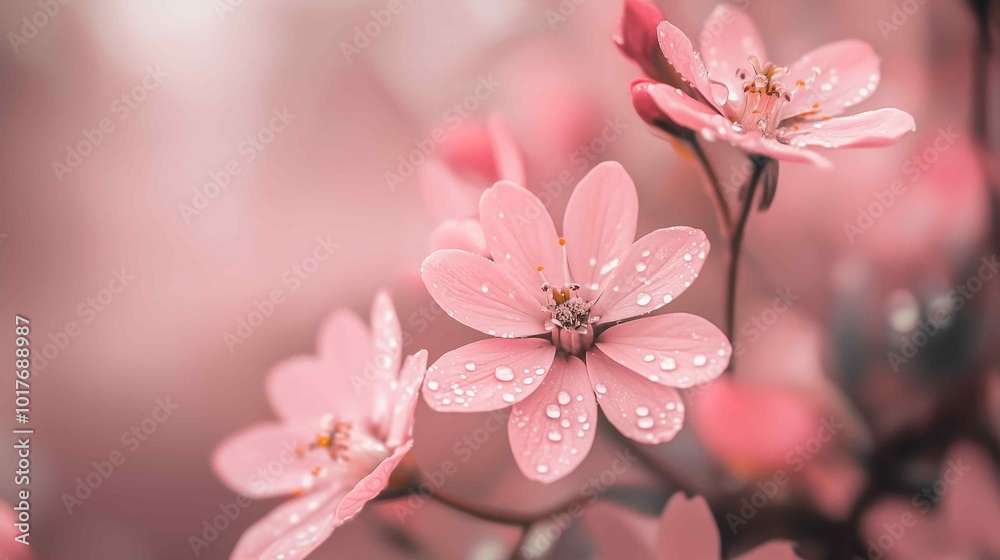 Delicate Pink Flowers with Dewdrops on Soft Pink Background
Delicate Pink Flowers with Dewdrops on Soft Pink Background