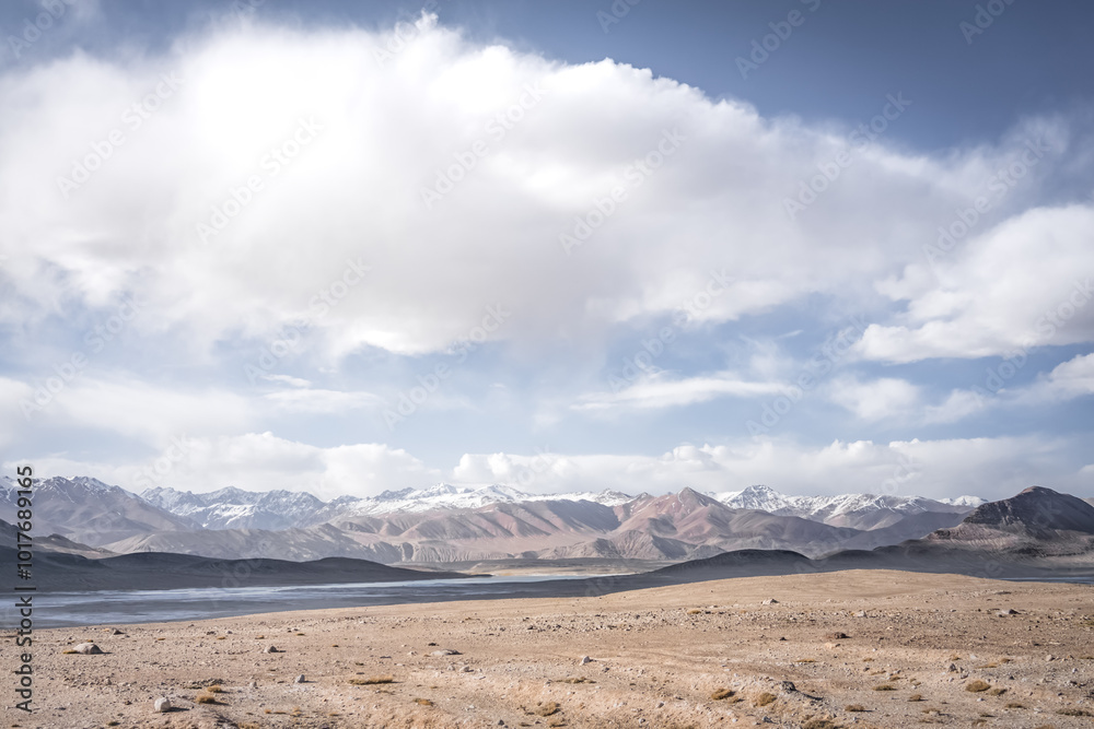 Panoramic landscape of textured Tien Shan mountains in Pamir in Tajikistan, panoramic landscape of a mountain range with snow and glaciers in summer Panoramic landscape of textured Tien Shan mountains in Pamir in Tajikistan, panoramic landscape of a mountain range with snow and glaciers in summer