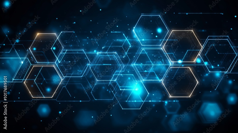 Obraz premium A futuristic digital pattern featuring glowing hexagons and particles against a dark background, creating a technology-inspired visual effect
