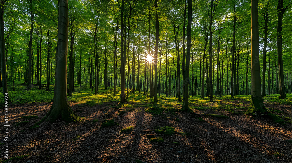 Fototapeta premium Sunlight Through the Trees in a Lush Green Forest.