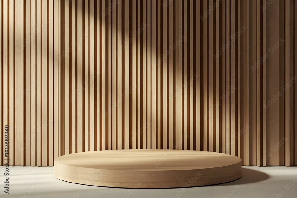 Wooden podium. 3D wooden stand for product presentation. Empty platform against the background of vertical slats on the wall. Modern minimalistic studio interior with a stage for the jewelry sphere Wooden podium. 3D wooden stand for product presentation. Empty platform against the background of vertical slats on the wall. Modern minimalistic studio interior with a stage for the jewelry sphere
