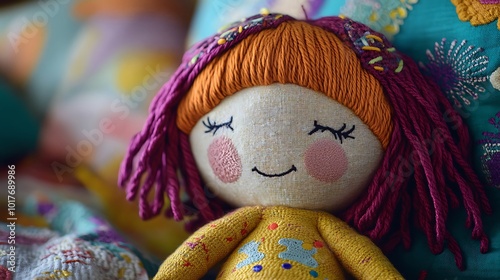 Close-up of a soft plush doll with yarn hair and embroidered eyes, sitting on a brightly colored bedspread