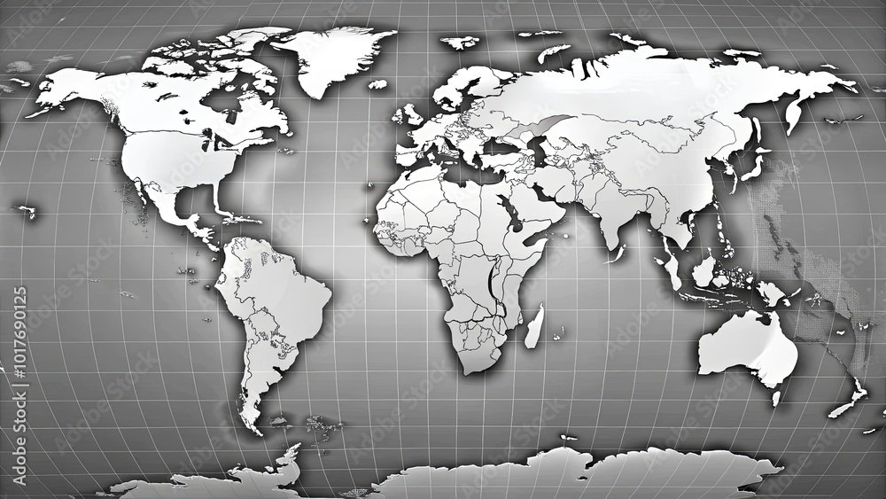 Fototapeta premium A grayscale world map rendered with a raised and textured surface, showcasing geographical borders and a gridded background.