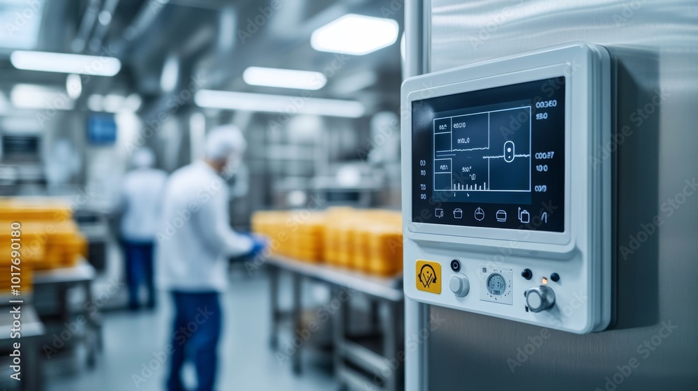 Industrial Production Line Control Panel and Workers in Factory Industrial Production Line Control Panel and Workers in Factory