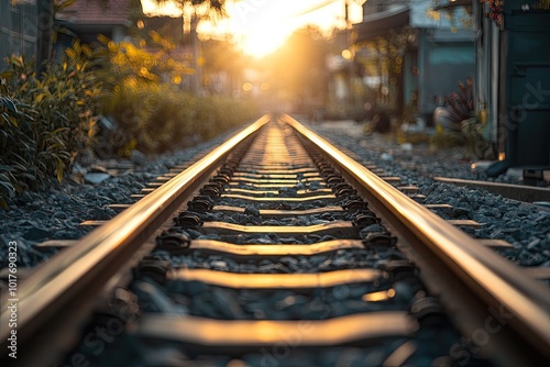 Train tracks vanishing into sunset. Perfect for concepts of travel, journey, and hope.