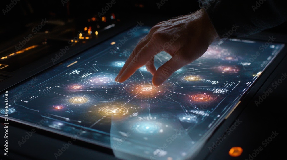 Futuristic Interface with Hand Interacting with Data Points on Touchscreen Futuristic Interface with Hand Interacting with Data Points on Touchscreen