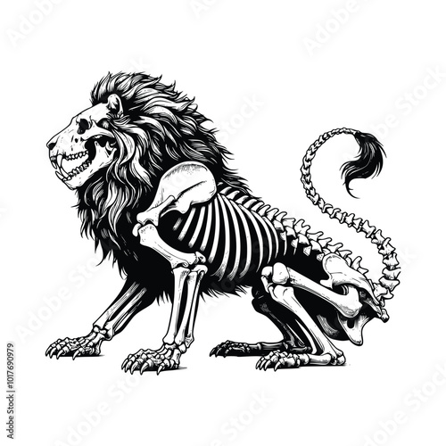 hand drawn black and white of skeleton lion line art vector illustration