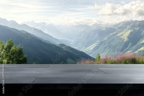 Tabletop against the backdrop of mountains and sky. Empty black concrete countertop for outdoor product presentation. Mockup with landscape of hills and greenery