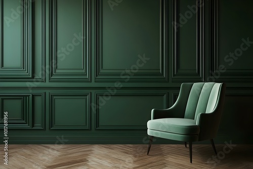 Chair in green empty room with classic wall panels frames. Studio mockup with dark modern luxury design