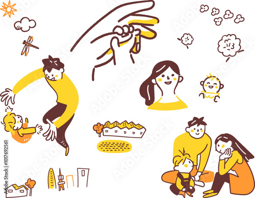 子育てする若いカップルと町　セットのストックイラスト素材
