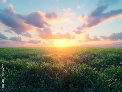 A breathtaking sunset over a field of green grass, the sky ablaze with vibrant hues of orange and pink.