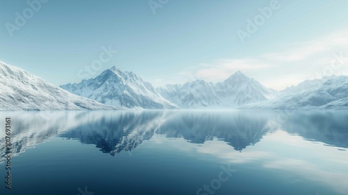 Beautifully Calm Lake, Reflecting Majestic Snowy Mountains. Winter Background. 