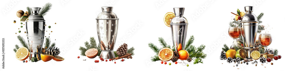 Set of a New Year’s Eve cocktail shaker with ingredients, isolated on a transparent background.