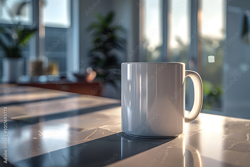 Minimalist mug on a countertop bathed in warm morning light. Generative by AI Minimalist mug on a countertop bathed in warm morning light. Generative by AI