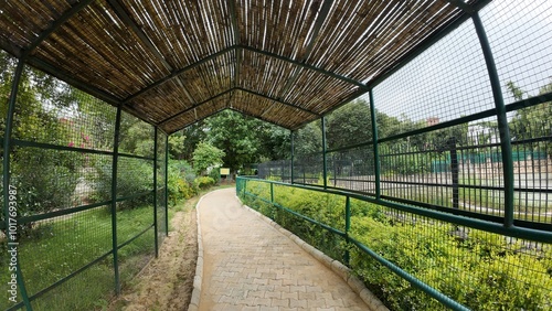 A serene shaded walkway constructed with a bamboo roof and steel supports