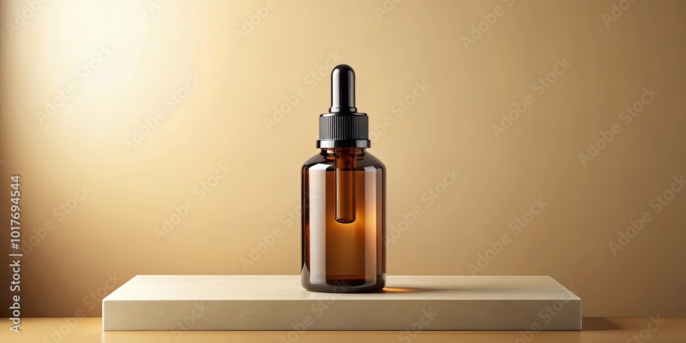 A simple amber glass dropper bottle with a black lid stands on a rectangular platform in front of a soft tan background. A simple amber glass dropper bottle with a black lid stands on a rectangular platform in front of a soft tan background.