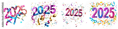 Set of a colorful 2025 New Year streamers, isolated on a transparent background.