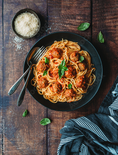 Top view of plate of spaghetti and meatballs on wooden table.