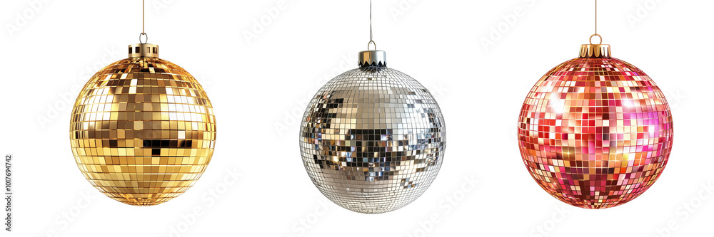 Obraz premium Set of a disco ball for New Year's Eve party, isolated on a transparent background.