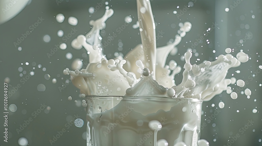 Milk cascades into a glass, producing an impressive display of splashes and droplets in a well-lit kitchen. Generative AI Milk cascades into a glass, producing an impressive display of splashes and droplets in a well-lit kitchen. Generative AI