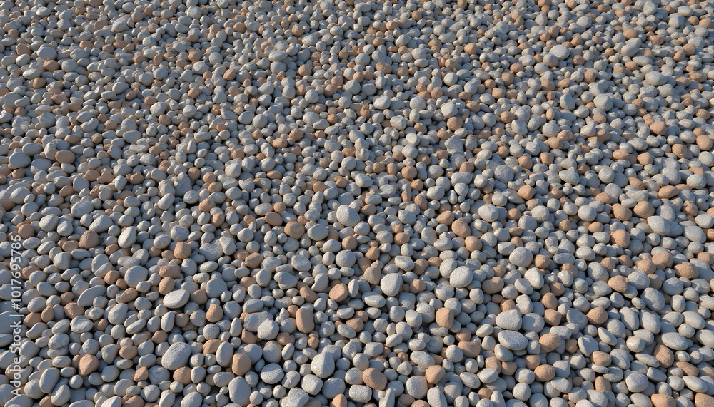 Textured surface of mixed colored pebbles in gray and beige tones for landscaping and decorative applications Textured surface of mixed colored pebbles in gray and beige tones for landscaping and decorative applications