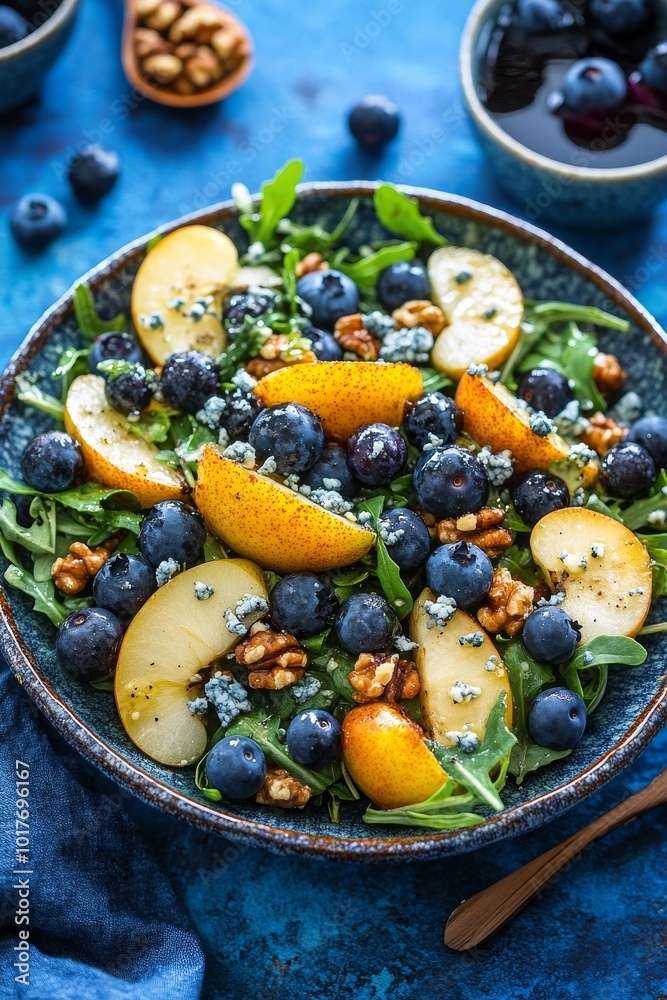 A colorful breakfast salad features fresh blueberries, slices of apple, walnuts, and greens, beautifully arranged in a bowl on a blue table, inviting healthful indulgence A colorful breakfast salad features fresh blueberries, slices of apple, walnuts, and greens, beautifully arranged in a bowl on a blue table, inviting healthful indulgence