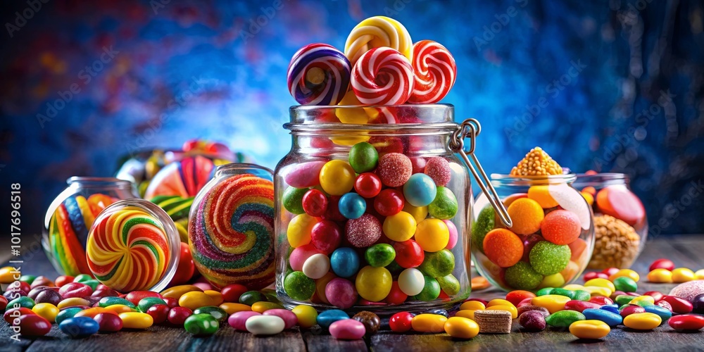 Fototapeta premium A symphony of colors and textures, with lollipops peeking out from a glass jar filled with vibrant candy