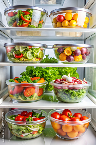 Fresh Fruits and Vegetables Organized and Ready to Eat in a Refrigerator