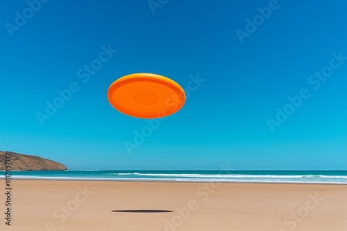 Dog is jumping in the air and catching a frisbee. The frisbee is orange and the dog is brown. dog jumping to catch a frisbee on a beach, with a blue sky and sea background.