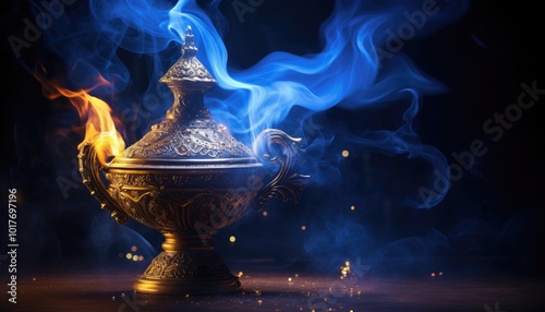 Magic Aladdin Genie lamp with smoke on a dark background